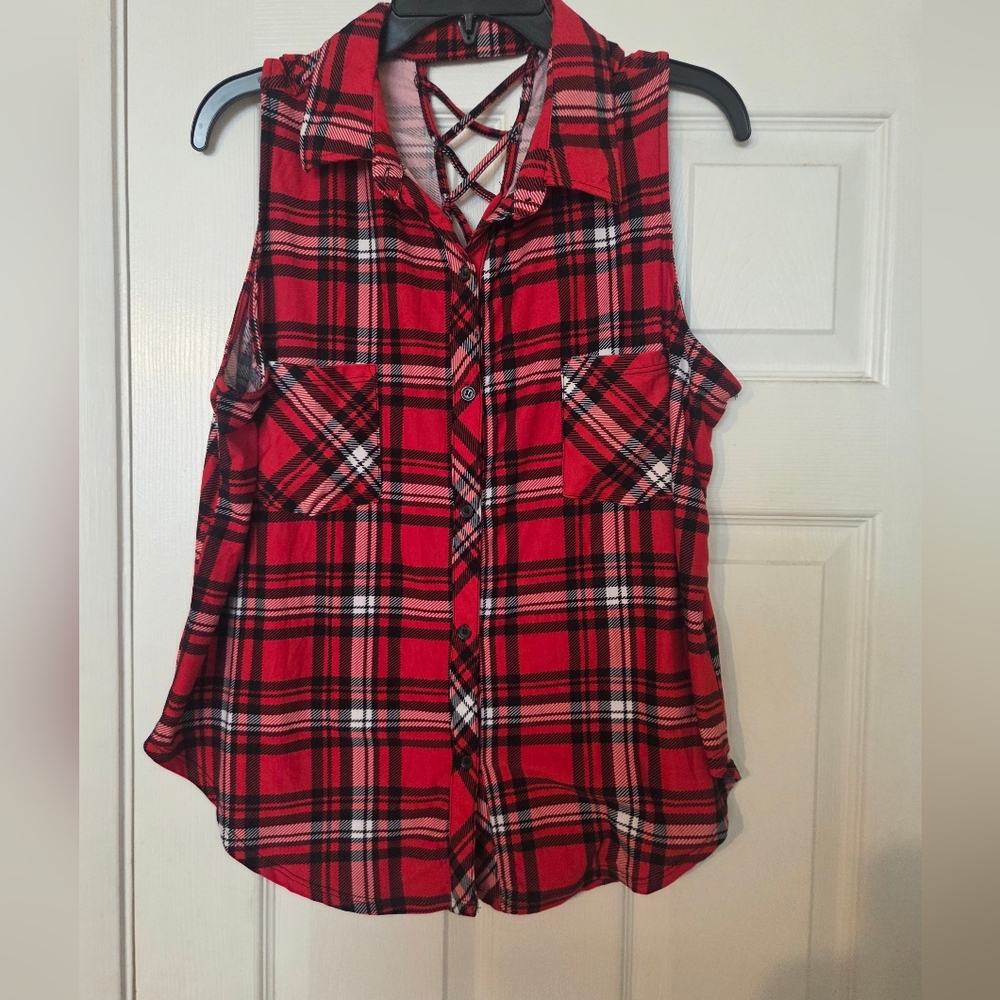No Boundaries Red and Black Plaid Button-Down Top